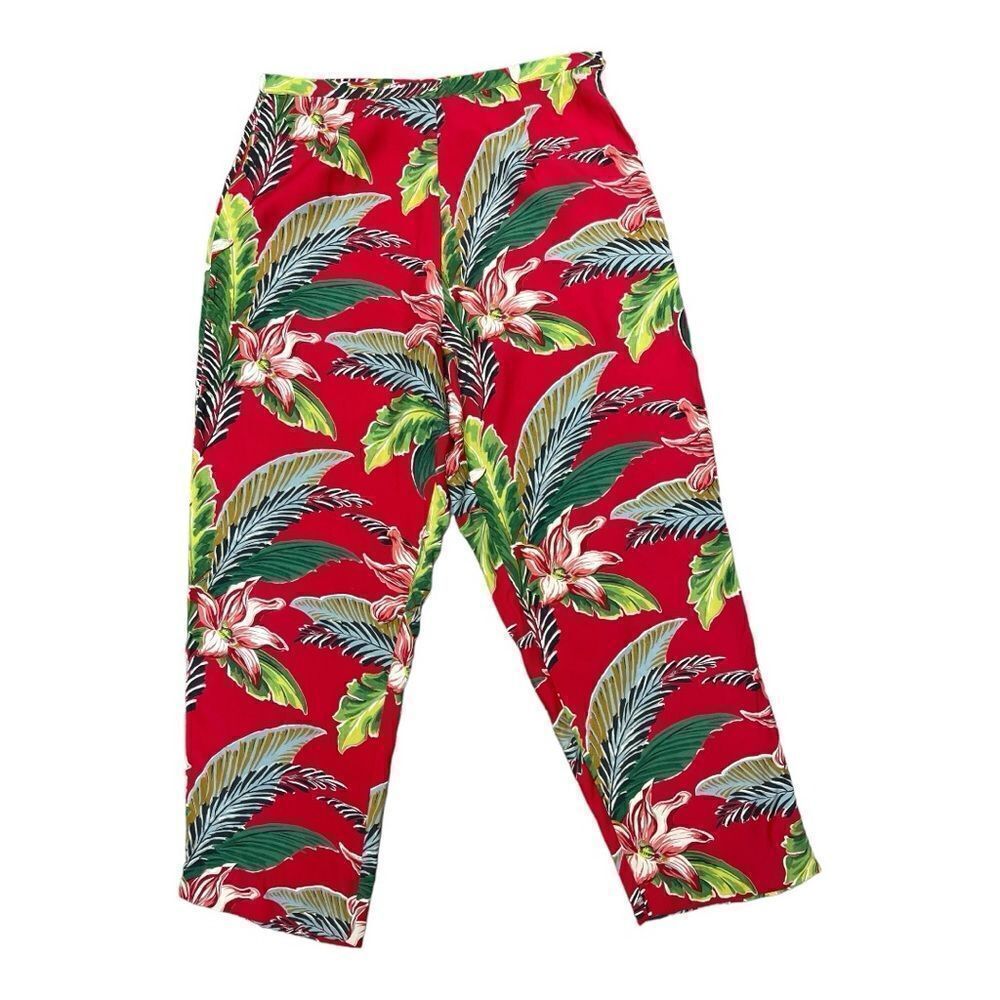 Vintage ILYSS HART Red Floral Tropical Pants Size 12 Green Palm Leaves